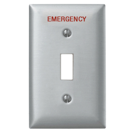 HUBBELL WIRING DEVICE-KELLEMS Wallplates and Boxes, Metallic Plates, 1-Gang, 1) Toggle Openings, Standard Size, Engraved "Emergency", Stainless Steel SS1ME